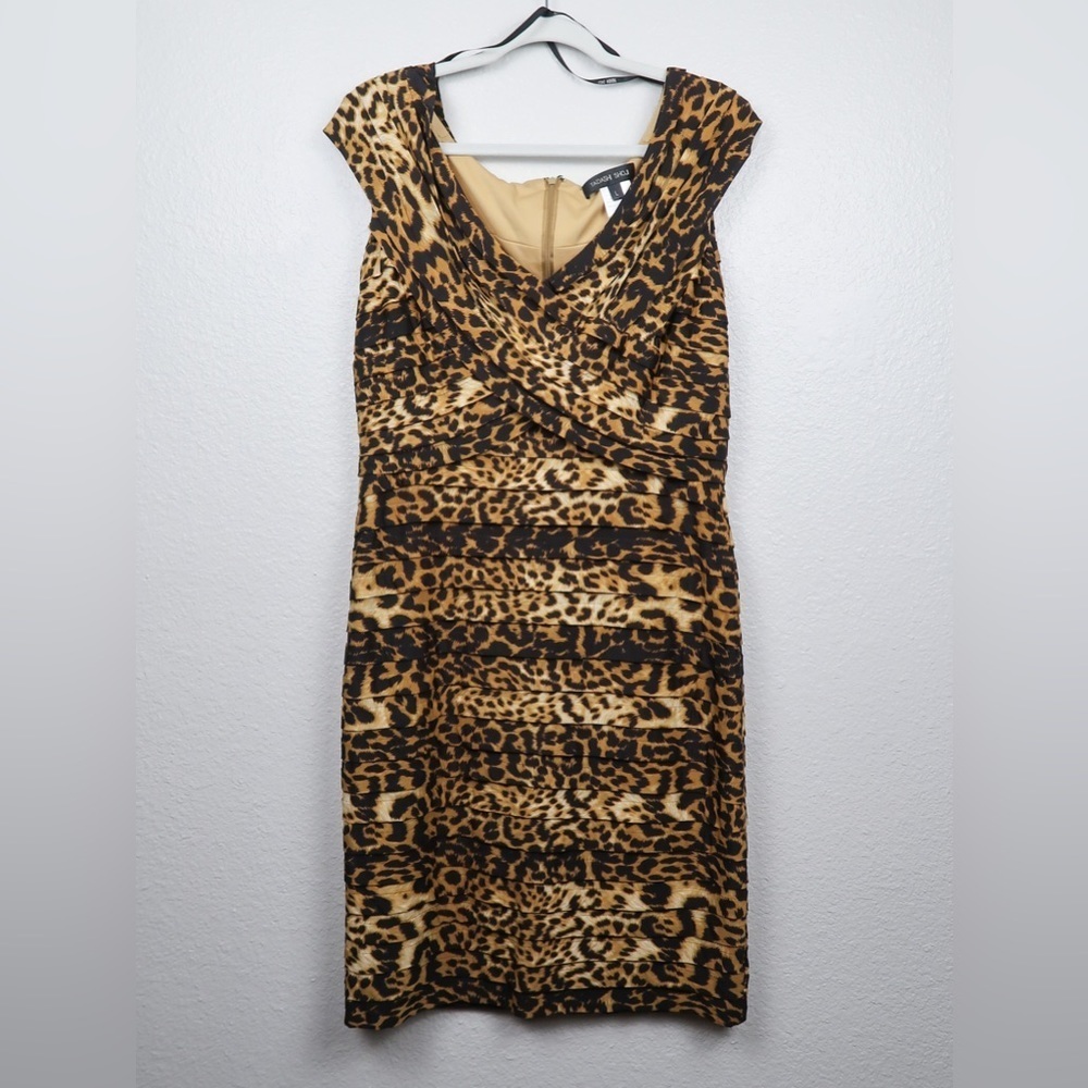 Tadashi Shoji Pleated Animal Print Bodycon Midi Dress Large